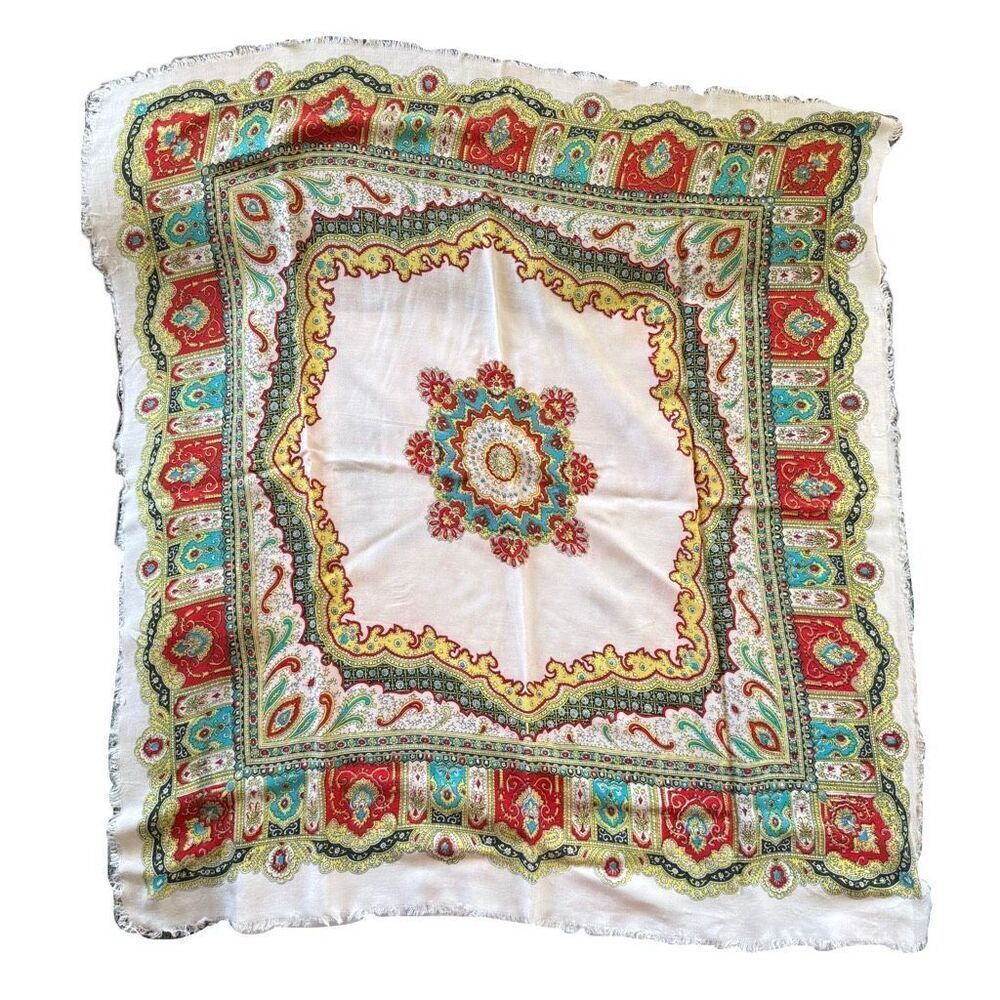 Vintage bohemian paisley handkerchief large boho cream red medallion ethnic frin
